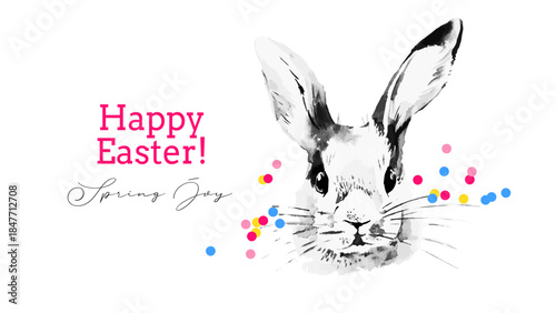 Cute Easter vintage bunny portrait with bow. Holiday greeting card. Hand drawn rabbit animal. Retro sketch isolated vector illustration