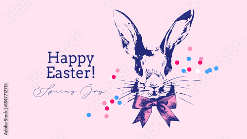 Cute Easter vintage bunny portrait with bow. Holiday greeting card. Hand drawn hare animal. Retro sketch isolated vector illustration