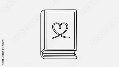 Minimalist line art illustration of a hardcover book featuring a heart-shaped design on the cover