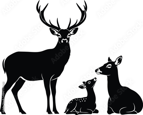Majestic stag stands guard over a doe and spotted fawn in a striking black and white silhouette family portrait representing nature's harmony