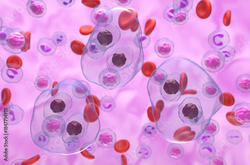 Hodgkin lymphoma (HL) cells in the blood flow - semi closeup view 3d illustration