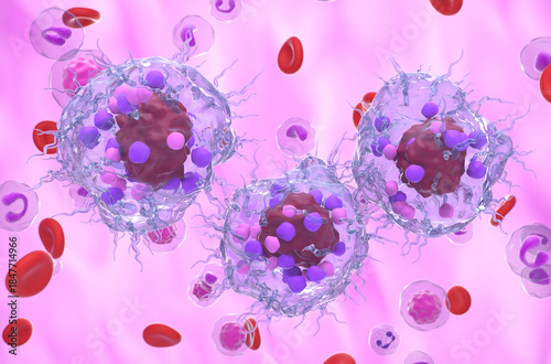 Metastatic neuroendocrine tumor cell in the blood flow - semi closeup view 3d illustration