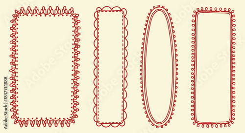 Collection of four unique hand drawn red decorative vertical frames and borders with varied doodle styles perfect for crafting invitations or scrapbooking projects