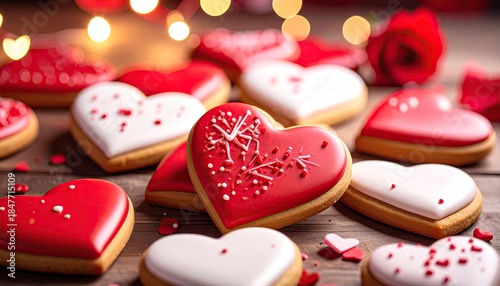 Delicious heart shaped cookies decorated for Valentines Day celebration.