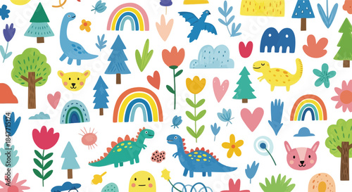 Whimsical seamless pattern featuring colorful hand drawn dinosaurs rainbows trees flowers and cute animal faces perfect for children's textile design