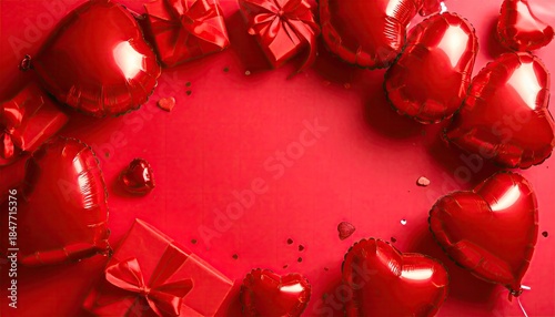 Romantic red heart shapes and gift boxes arranged in a decorative frame for celebration.