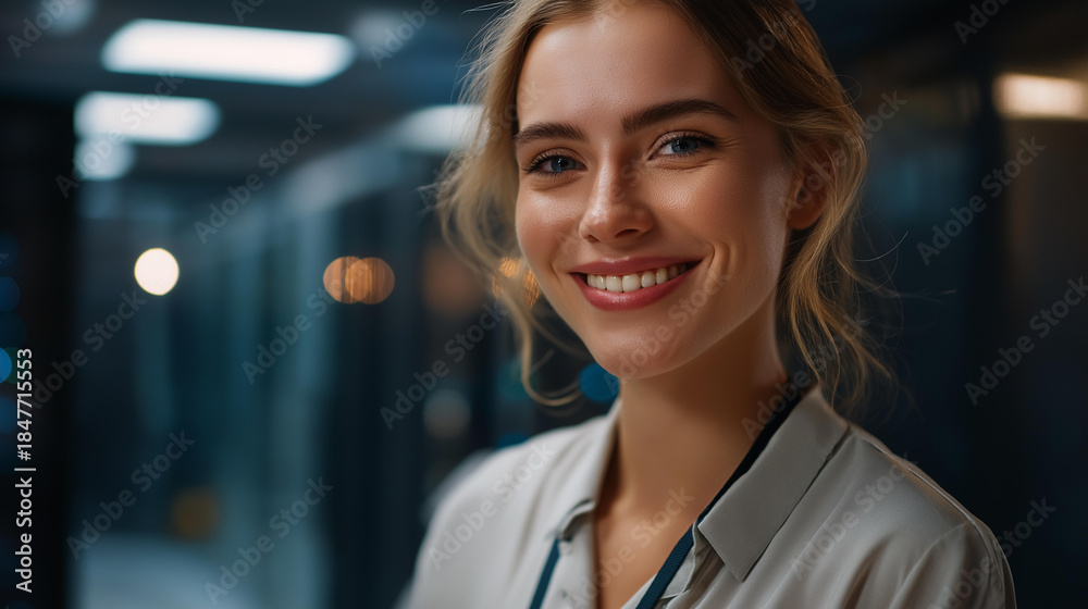 Fototapeta premium Faceless female technician smiling in data center server room, happy woman IT professional, positive network facility worker, cheerful technology specialist, defocused face, with copy space