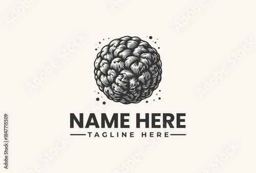 Black and white illustration of a textured sphere logo with placeholder text on a beige background, vector graphic design element.