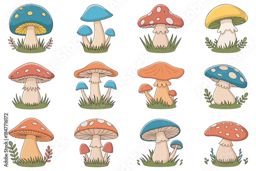 Cute Mushroom Vector Set with Hand Drawn Cartoon Fungi Illustration