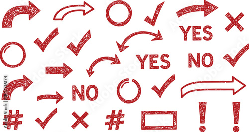 Collection of hand drawn red doodle symbols including arrows checkmarks yes no text circles hashtags and exclamation points for marking choices