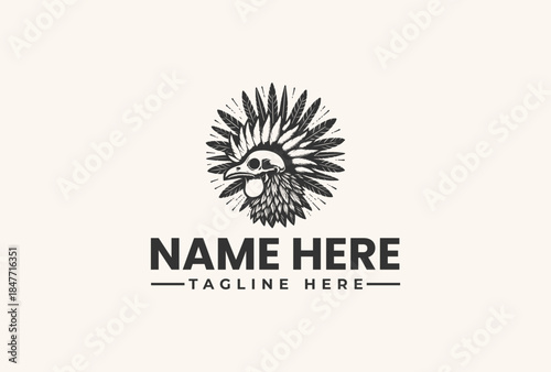 A vector illustration of a bird logo with a spiky crest and placeholder text on a beige background.
