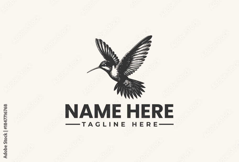 Fototapeta premium A black and white illustration of a hummingbird in flight with a customizable name and tagline on a plain background, featuring a vector logo design.