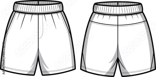 Men athletic shorts front back view, sportswear apparel vector illustration, elastic waistband training shorts design, casual fitness clothing template