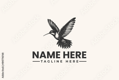 A black and white illustration of a hummingbird in flight with a customizable name and tagline on a plain background, featuring a vector logo design.