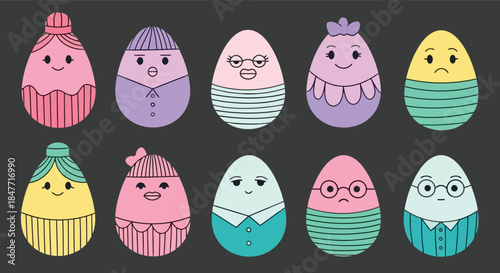 Adorable collection of ten colorful cartoon Easter eggs decorated with unique faces and clothing patterns set against a dark background for festive design
