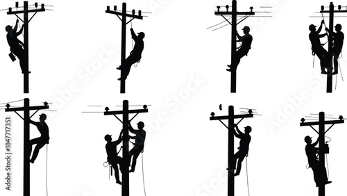 Electric utility workers climbing poles and repairing power lines, high voltage maintenance and safety work vector silhouettes