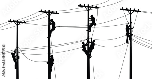 Electric workers climbing power utility poles, high voltage line technicians, maintenance and repair service vector silhouettes illustration