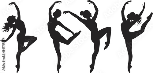 Elegant ballerina silhouettes in graceful dance poses, perfect for ballet design, performing arts, vector art, dance school, and posters