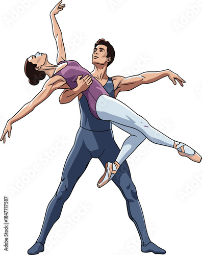 Elegant ballet dance couple performing artistic pose, professional ballerina lifted gracefully by male dancer, classical ballet performance, art, movement, balance, beauty