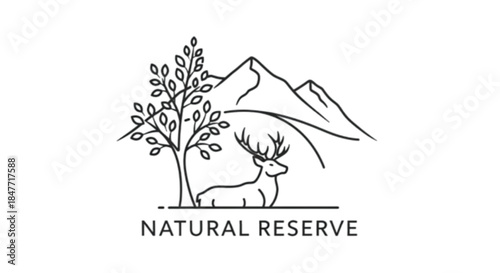 Majestic stag rests peacefully beneath a stylized mountain landscape and tree.