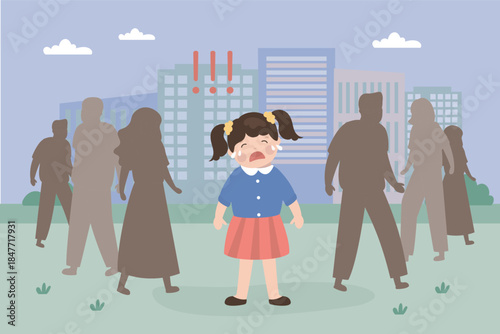 Baby character need help. Little child get lost in public place, scared girl crying and searching mother in big city. Human silhouettes, crowd of cartoon people
