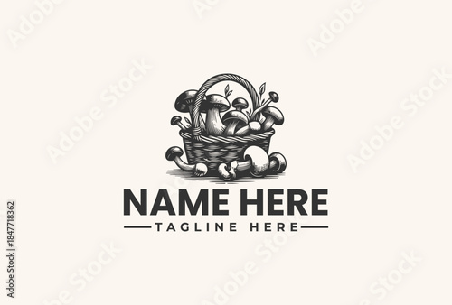 A black and white illustration of a wicker basket overflowing with fruit and vegetables, surrounded by decorative swirls, with a bold text placeholder reading 'NAME HERE' and 'TAGLINE HERE'