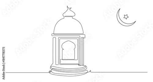 Continuous Line Drawing of Ramadan Lantern and Crescent Moon
