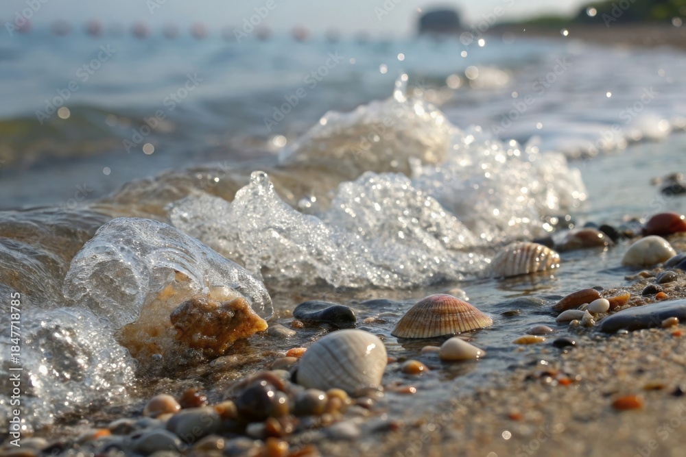 Obraz premium Waves gently washing over seashells and pebbles at the beach ultra detailed close-up of coastal beauty in a serene environment