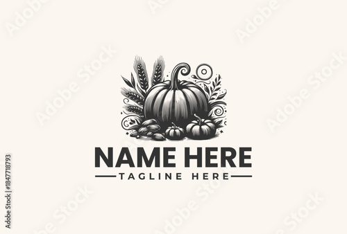 Black and white illustration of a pumpkin surrounded by leaves and wheat with a placeholder name and tagline on a beige background.