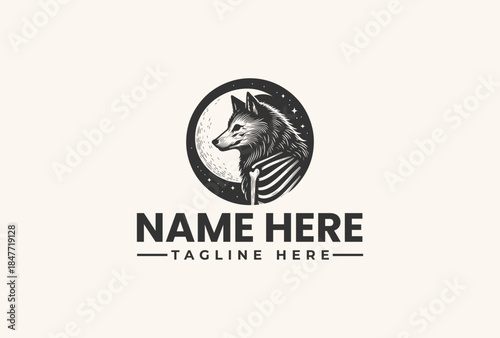 Black and white illustration of a wolf logo with a circular design on a light gray background, featuring placeholder text for a name and tagline.