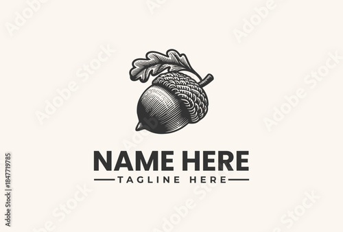 Black and white vector illustration of an acorn logo with a leaf on a beige background, with space for a company name and tagline.