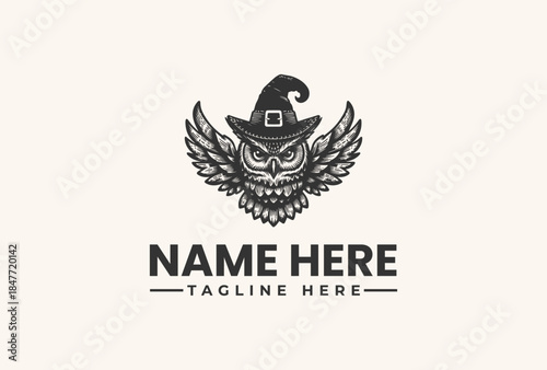 Black vector illustration of an owl wearing a witch hat with wings, on a beige background with space for a logo and tagline.