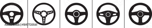 Car steering wheel silhouette icon set for automotive, apps, web, UI, and vehicle design.