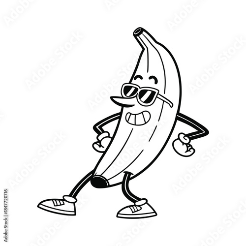 Black and White Cartoon Banana Character Wearing Sunglasses fruit food