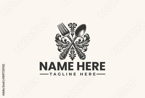 Black and white illustration of a logo featuring a crossed fork and spoon with ornate designs and a placeholder text on a beige background.