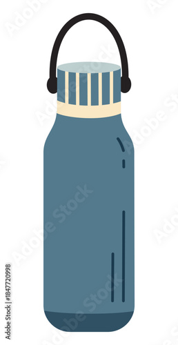 Vector illustration of a thermos bottle with a handle in flat style, isolated on a white background. Camping and hiking drinkware, outdoor travel equipment for hot and cold beverages.
