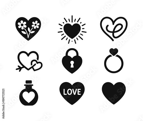 Love and romance silhouette icon set. featuring heart, flowers, key, lock, ring, and love potion symbols.