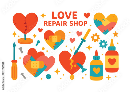 Love repair shop flat icon set. featuring heart, screwdriver, glue, wrench, and gear symbols