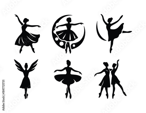 Ballet silhouette icon set. featuring ballerina, dance, moon, wings, tutu, duo