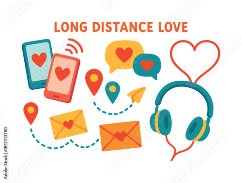 Love and communication flat icon set. featuring smartphones, speech bubbles, location pins, envelopes, headphones.