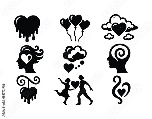 Love and romance silhouette icon set. featuring heart, couple, clouds, profile, and thought symbols