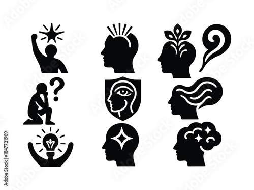 Ideas and creativity silhouette icon set. featuring inspiration, thinking, mind, innovation, and imagination.