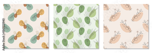 Set of trendy minimalist seamless botanical pattern with abstract creative art hand drawn composition