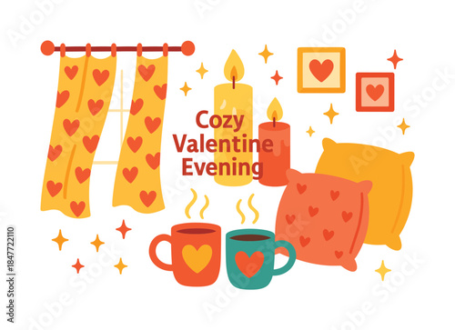 Romantic evening flat icon set. featuring window, curtains, candles, photo frames, pillows, and mugs