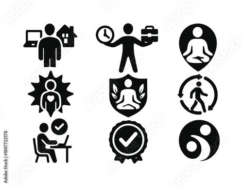 Business and wellness silhouette icon set. featuring work, time, meditation, location, progress, and approval symbols