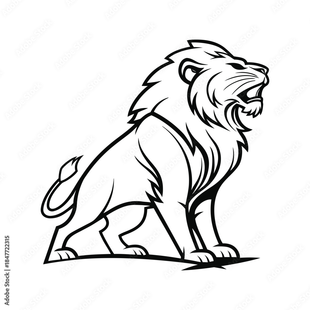 Fototapeta premium Black and White Outline of a Roaring Lion Sitting Profile animal wild