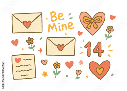 Valentine's day flat icon set: love letter, heart, flowers, envelope, and 14