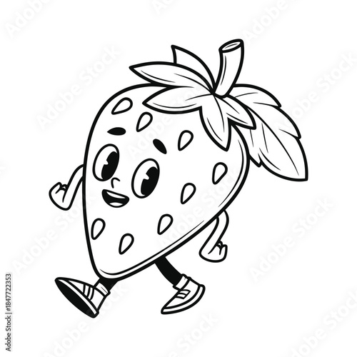 Black and White Outline of a Walking Strawberry Character fruit food