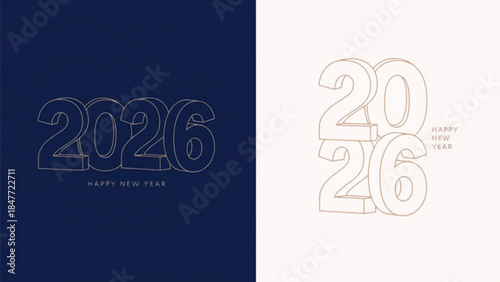 Happy new year 2026 celebration typography design concept in dark blue and light beige split background.
