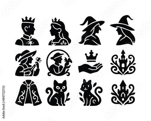 Fairytale silhouette icon set. featuring king, queen, witch, prince, guitar, crown, castle, and cat symbols